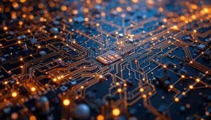Poster - Abstract Close-Up of Circuit Board with Glowing Lines and Nodes