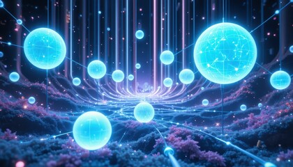 Poster - Ethereal Blue Spheres Illuminating a Cosmic Digital Landscape