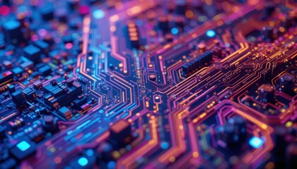 Poster - Vibrant Abstract Circuit Board Pattern with Neon Colorful Glow