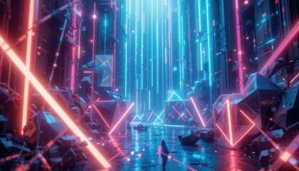 Poster - Futuristic Neon Cityscape with Glowing Light and Geometric Shapes