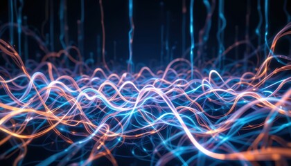Poster - Abstract Light Waveforms with Blue and Orange Colors on Dark Background