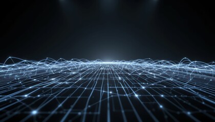 Poster - Futuristic Technology Background with Blue Neon Lines and Waves