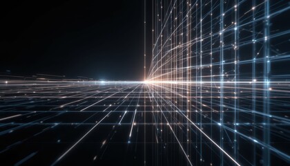 Poster - Futuristic Digital Grid with Light Trails and Depth Perspective