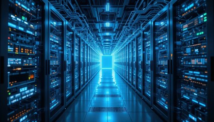 Poster - Futuristic Data Center with Illuminated Server Racks and Cables