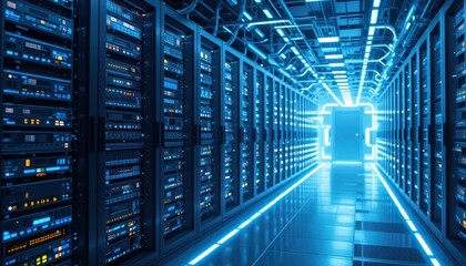 Poster - Futuristic Data Center with Blue Lights and High-Tech Equipment