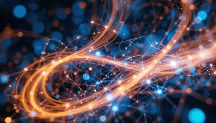 Poster - Abstract Flow of Light Particles in Blue and Orange Background