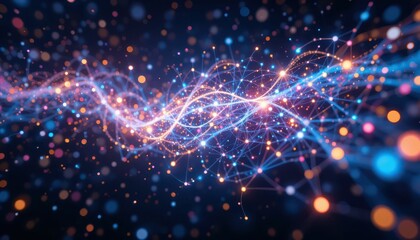 Poster - Vibrant Abstract Light Waves with Colorful Particles in Motion