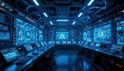 Poster - Futuristic Control Room with Advanced Technology and Displays