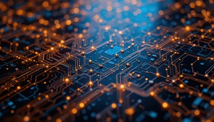 Poster - Detailed Close-up of a Circuit Board with Orange LED Lights