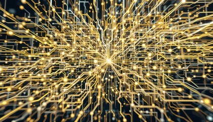 Poster - Abstract Golden Circuitry with Glowing Lights in Dark Background
