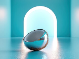 Poster - A reflective metallic object with rough edges and fine particles suspended in air against a turquoise arched backdrop