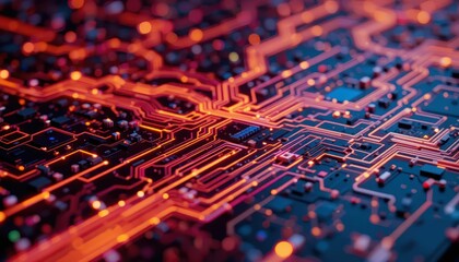 Poster - Abstract Close-up of Colorful Circuit Board with Glowing Lines and Patterns