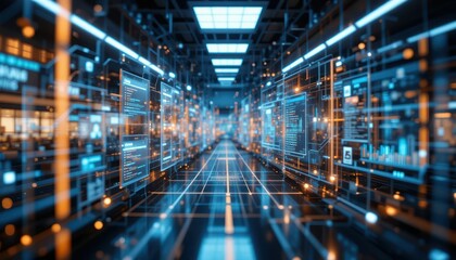 Poster - Futuristic Data Center Interior with Glowing Panels and Lines