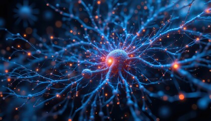 Poster - Blue and Orange Neurons with Glowing Synapses Under Microscope View
