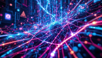 Poster - Colorful Abstract Digital Network with Glowing Connections and Nodes