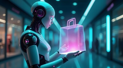 Poster - sleek robot holds a glowing, translucent shopping bag in a futuristic mall