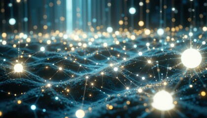 Poster - Abstract Digital Landscape with Glowing Nodes and Light Effects
