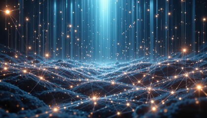 Poster - Mystical Digital Landscape with Bright Particles and Rays of Light