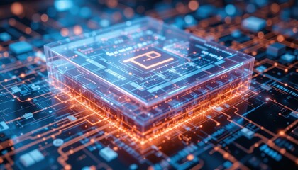 Poster - Futuristic Microchip with Neon Glow on Digital Circuit Board Background