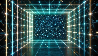 Poster - Futuristic Digital Space with Geometric Patterns and Light Grid