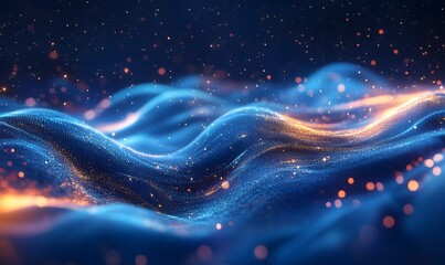 Poster - abstract deep blue glittering waves with sparkling light and bokeh