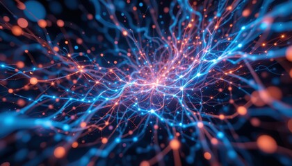 Poster - Abstract Network Connection of Blue and Orange Light Particles