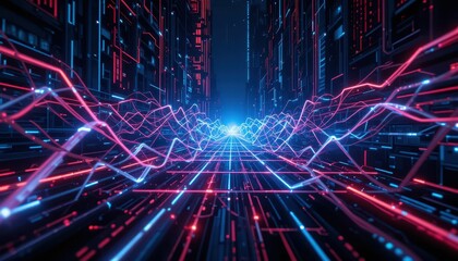Poster - Abstract Digital Landscape with Neon Colors and Data Waves
