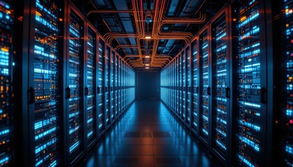 Poster - Futuristic Data Center with Bright LED Lights and Cables