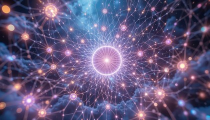 Poster - Abstract cosmic network with luminous nodes and connecting lines