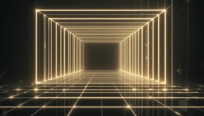 Poster - Futuristic Neon Tunnel with Illuminated Lines and Grid Floor