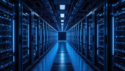 Poster - Futuristic Server Room with Blue Lighting and Symmetrical Design