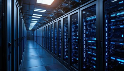 Poster - Modern Data Center with Blue LED Lights and Server Racks