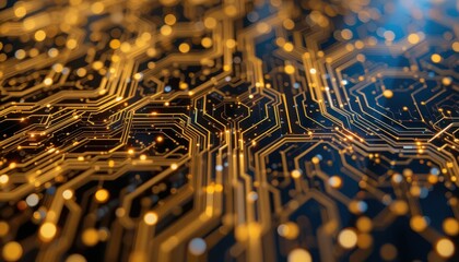 Poster - Abstract Circuit Board Pattern with Golden Lights and Textures