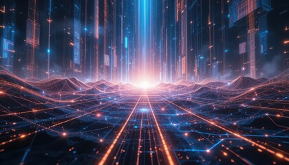 Poster - Futuristic Digital Landscape with Glowing Particles and Light Rays