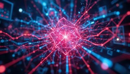 Poster - Abstract Digital Network Connections with Bright Geometric Shapes
