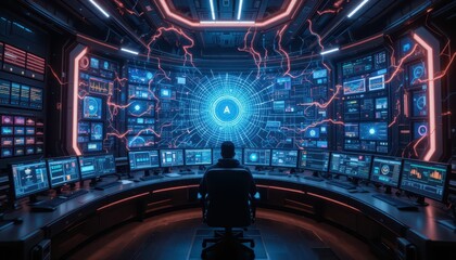 Poster - Futuristic Control Room with Multiple Screens and Neon Accents