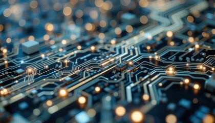 Poster - Detailed Close-Up of a Circuit Board with Glowing Lights and Connections