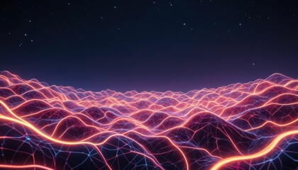 Poster - Futuristic Abstract Landscape with Neon Waves and Starry Sky