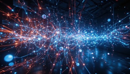 Poster - Abstract Fusion of Blue and Orange Light Particles in Dark Space