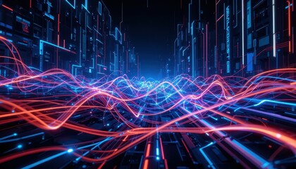 Poster - Futuristic Digital Cityscape with Electric Waves and Neon Lights