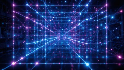 Poster - Abstract Futuristic Digital Grid with Colorful Light Points and Lines