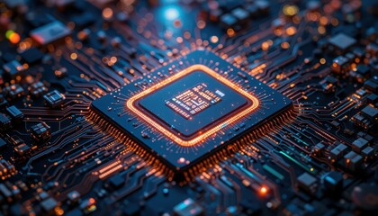 Poster - Close-up of Microprocessor on Circuit Board with Glowing Technology