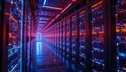 Poster - Futuristic Data Center with Neon Lighting and High-Tech Servers