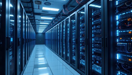 Poster - High-Tech Data Center Interior with Bright Blue Light and Servers