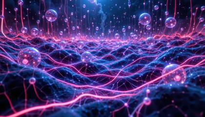 Poster - Abstract Light Waves and Bubbles in Vibrant Digital Landscape