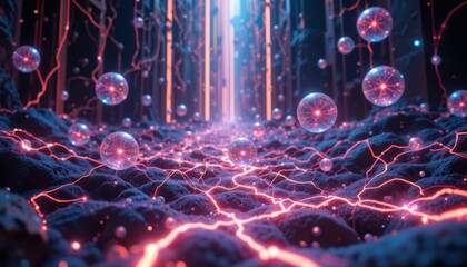 Poster - Ethereal Landscape with Glowing Orbs and Pulsating Energy Flow