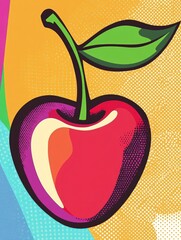 Poster - Close up of a stylized cherry with green stem and leaf on a vibrant textured background