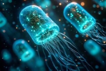Poster - A collection of glowing jellyfish is depicted in a deep-sea environment, showcasing vibrant colors and intricate tentacle patterns, resembling a magical underwater realm
