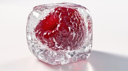 Poster - Vibrant red [berry] encased in a transparent ice cube with a bright white background and subtle highlights. It has a cool, refreshing appeal