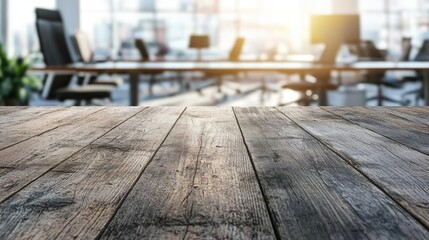 Aufkleber - Rustic wooden surface with a blurred modern workspace featuring natural lighting and contemporary design. Ideal for branding, marketing, presentations, and product displays